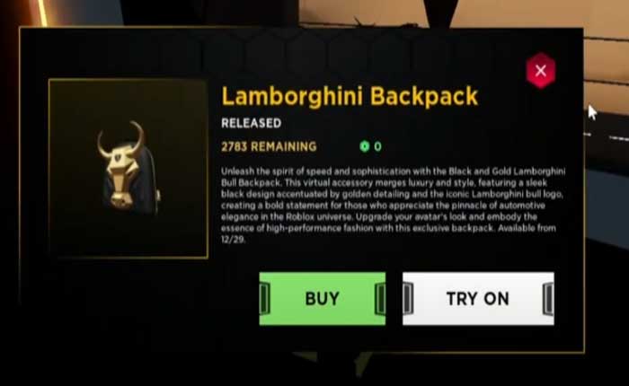 Cómo conseguir la mochila Lamborghini en Lamborghini Lanzador Lab (2024) 5 Compra la mochila Lamborghini