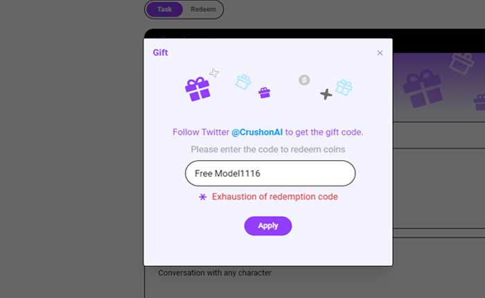 Todos los códigos de regalo de CrushOn AI (febrero de 2024) 1 Código de regalo de Crushon AI